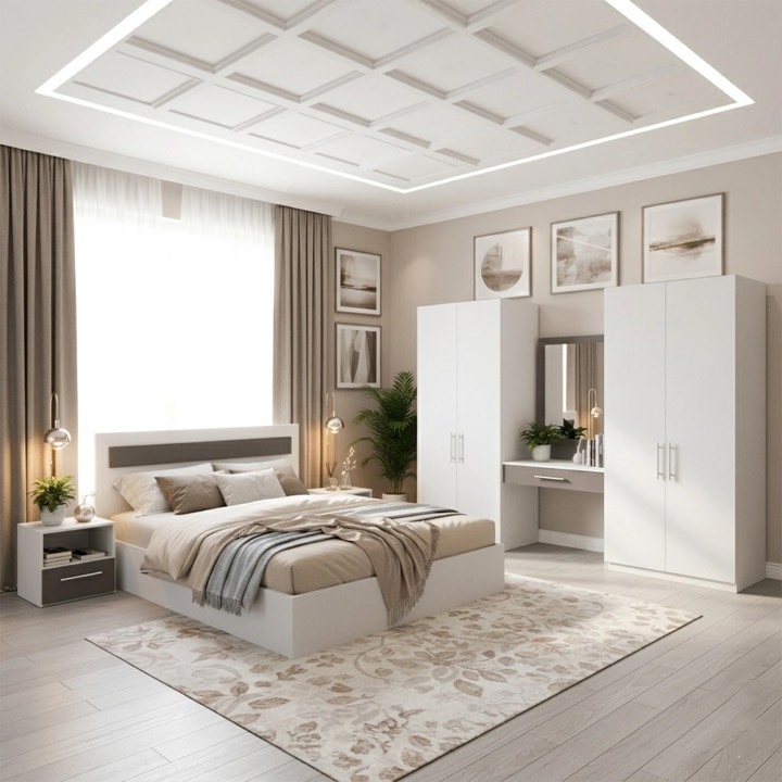 Chambre NÜVEO blanche et grise : lit, armoires, coiffeuse et chevets