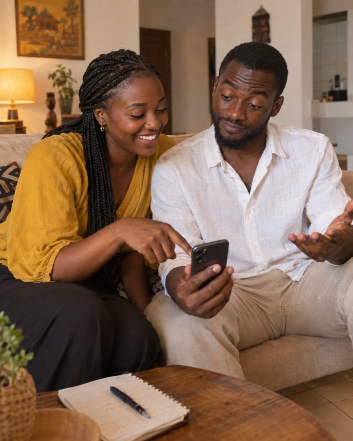 Ndèye et Cheikh sur leur canapé, penchés sur un téléphone