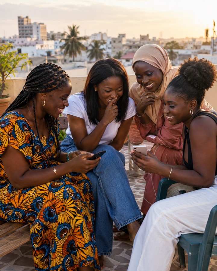 Quatre amies rient autour de leurs téléphones sur une terrasse