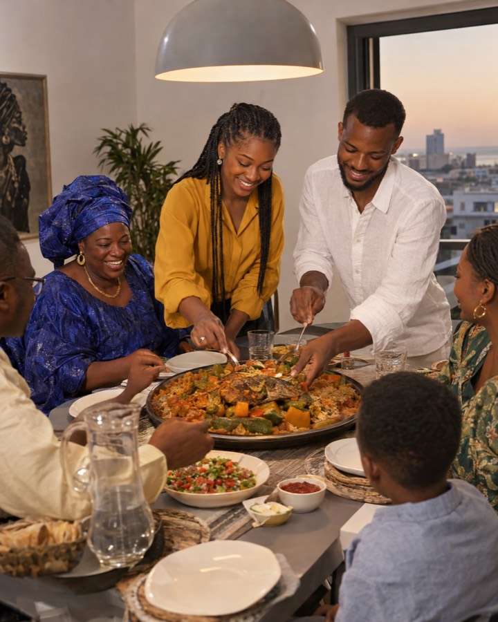 La famille partage un grand plat autour de la nouvelle table