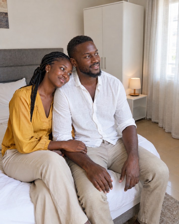 Ndèye et Cheikh assis sur leur lit, dans leur chambre meublée