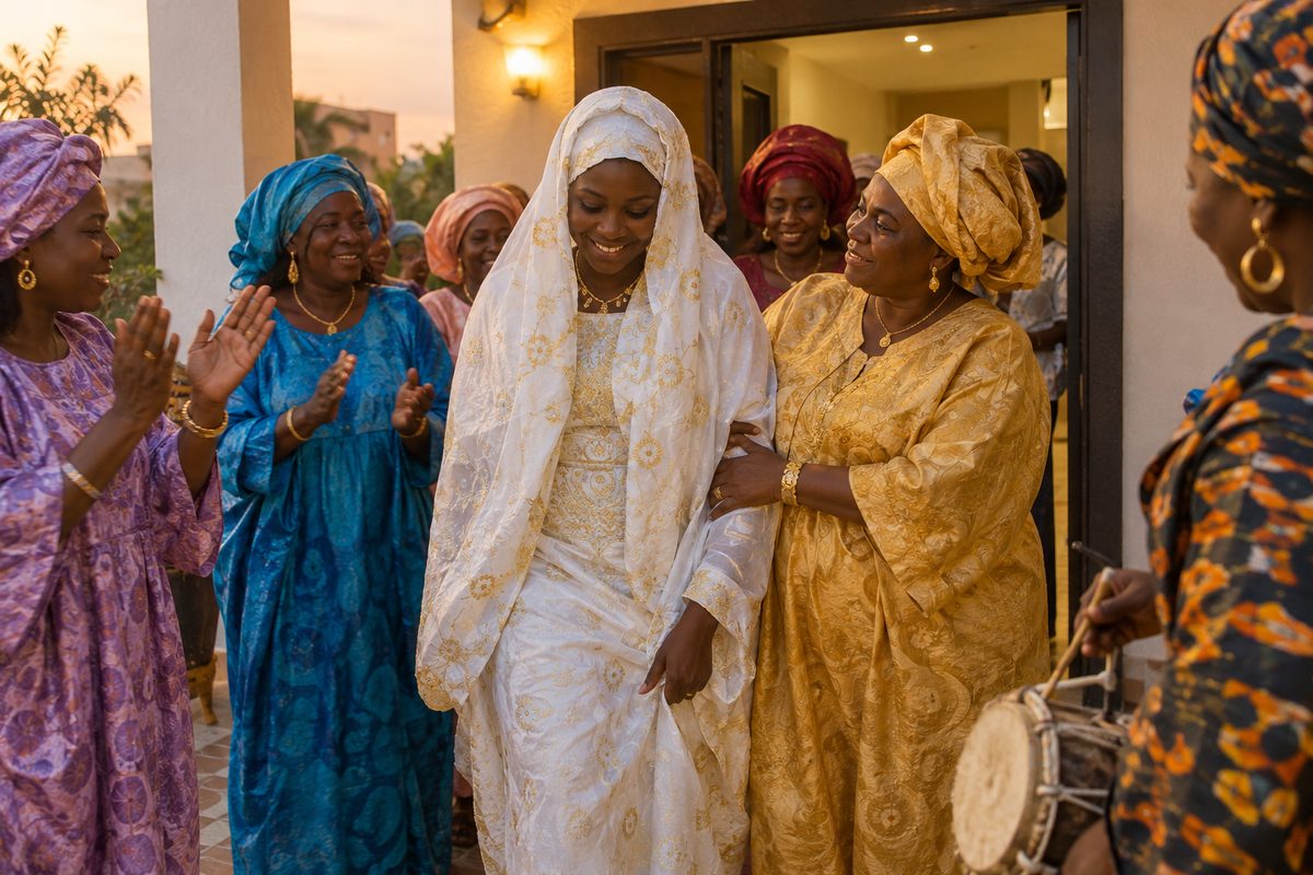La mariée, voilée de blanc, entre dans sa nouvelle maison, entourée de ses tantes et de ses amies