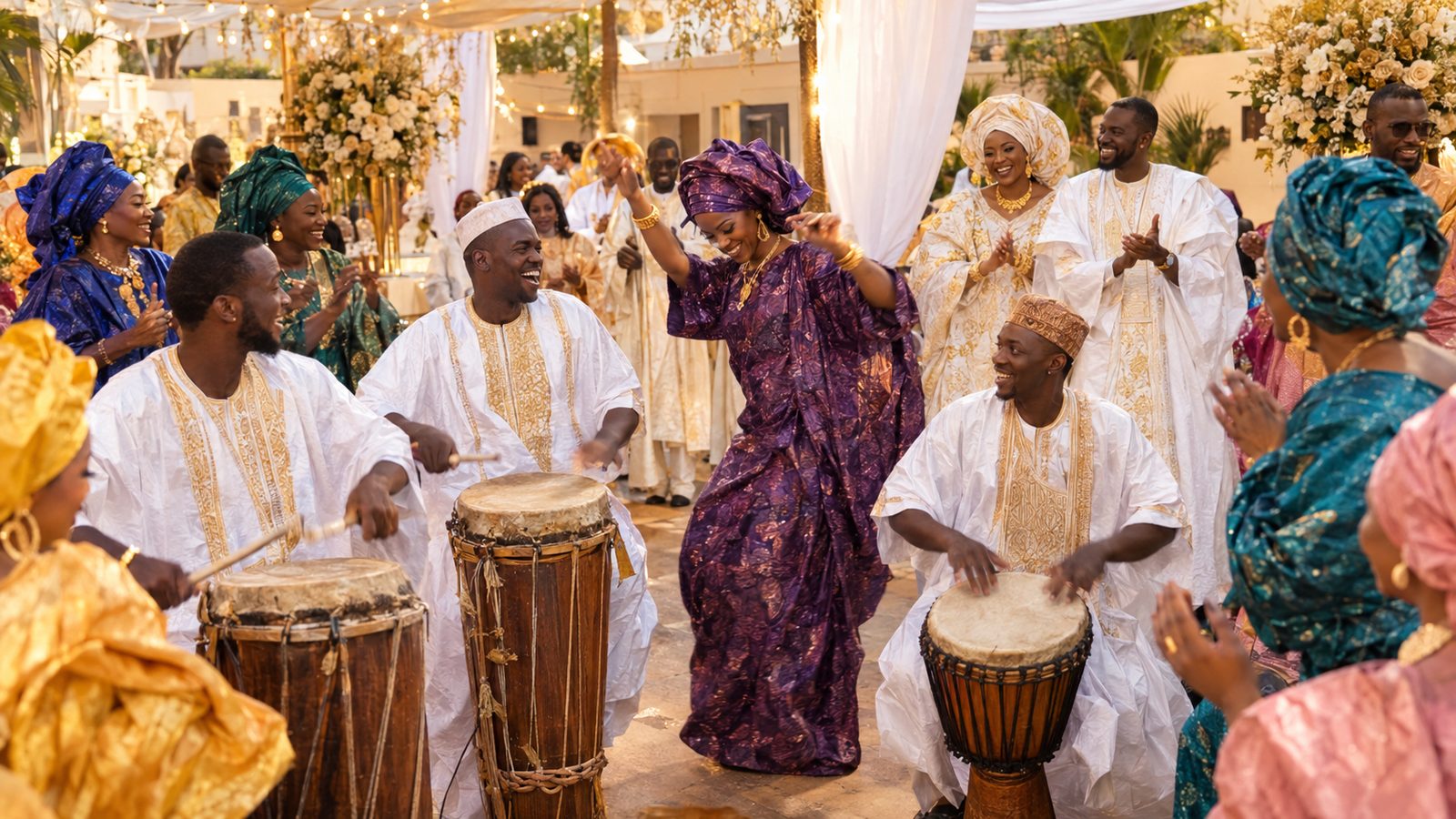 La fête du mariage : les bongo men jouent le sabar et le djembé, les invités dansent en tenue de cérémonie, les mariés applaudissent
