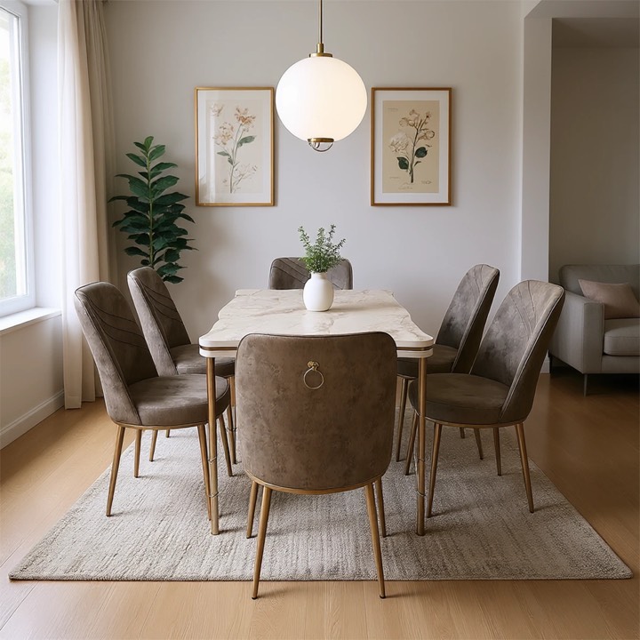 Salle à manger TERRA grise et blanche, table et six chaises