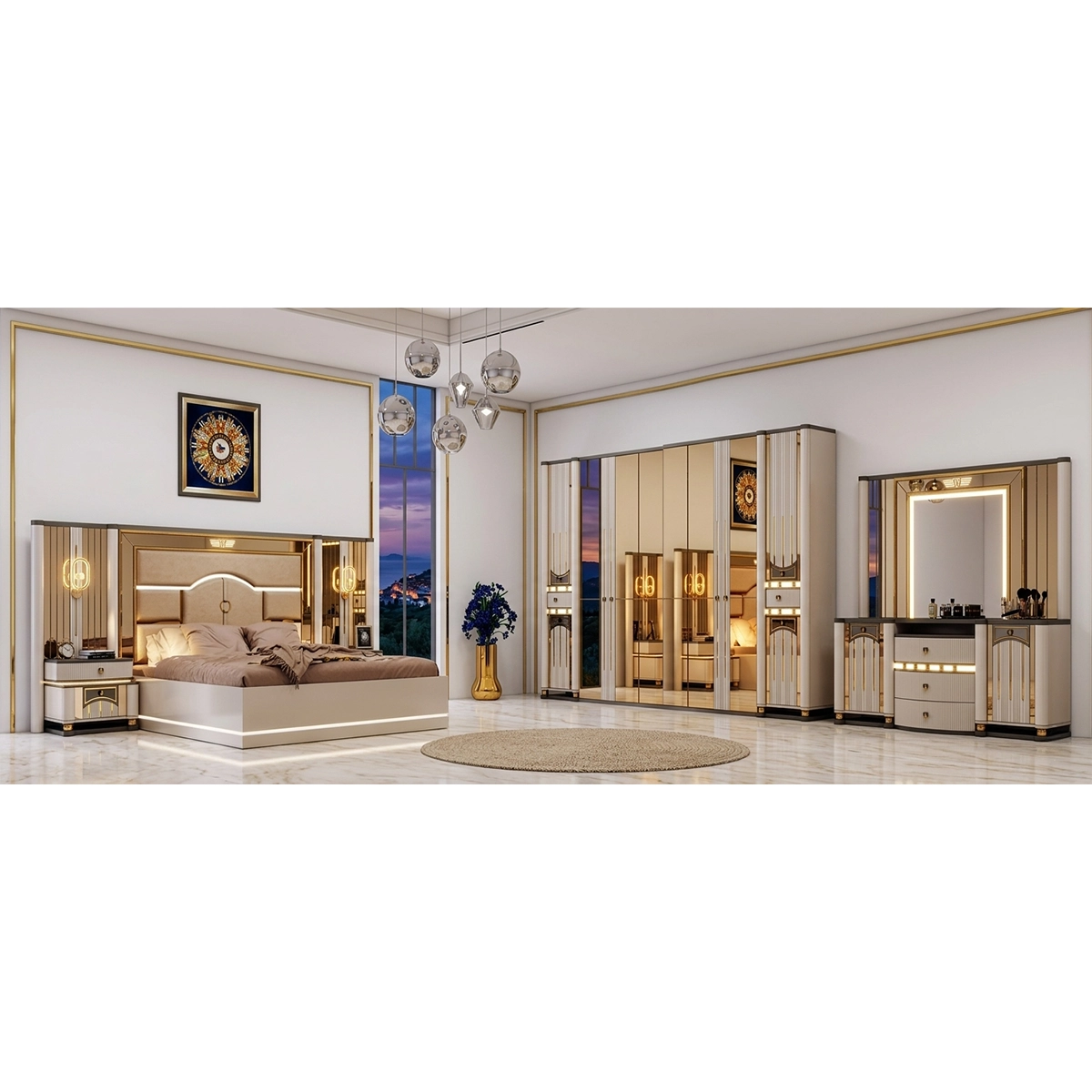 OPALIA 6-Piece Modern Bedroom Set – Cream & Gold
