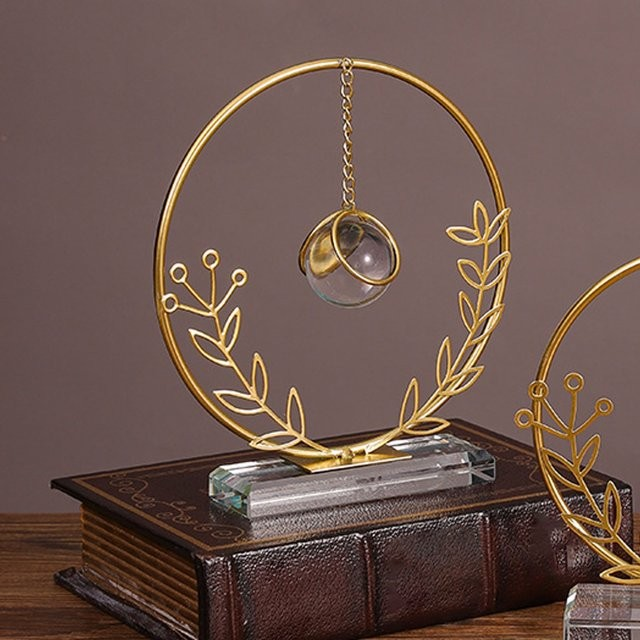 Gold Metal Round Shape Leaf Crystal Ball Decoration, Iron Art Hanging Crystal Ball for Living Room, Dining Room, Office desk, Home