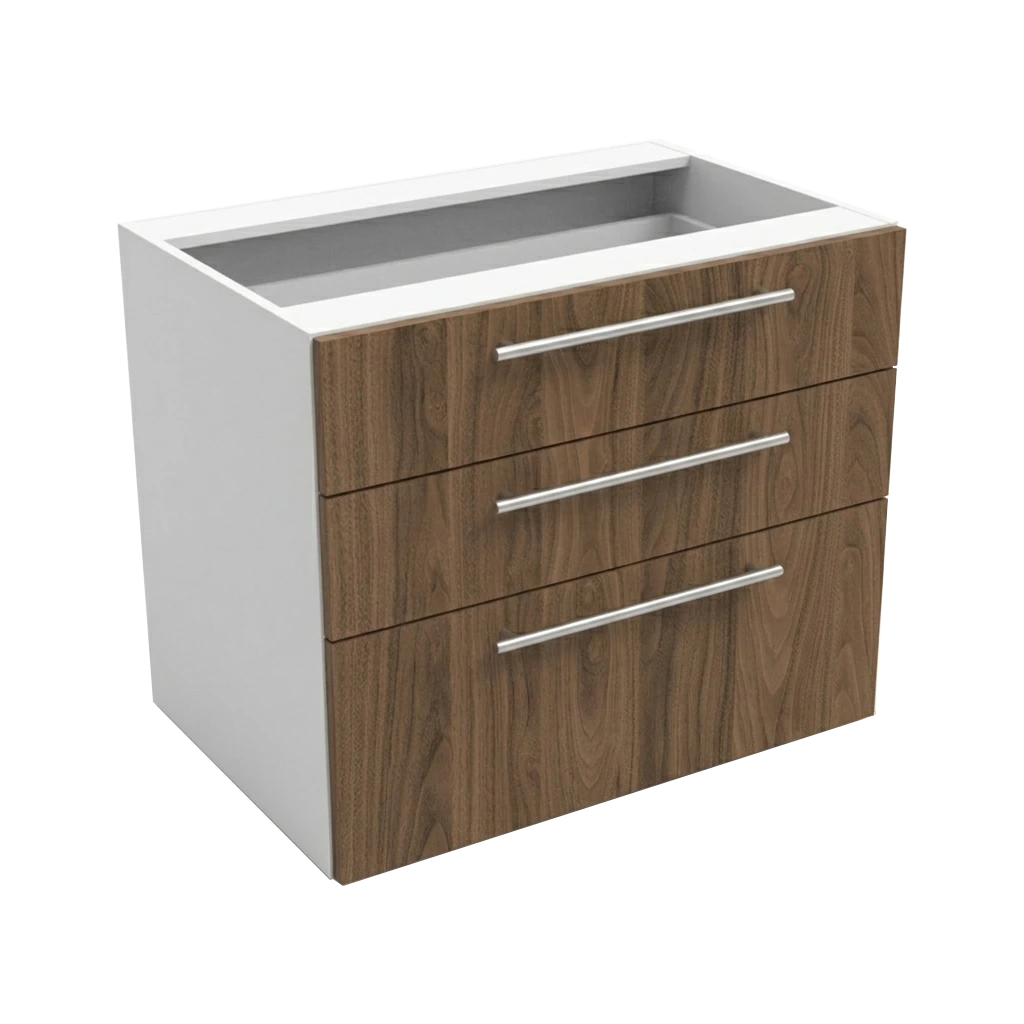 Lower kitchen cabinet, width 90 cm, equipped with three drawers in two colors: white or walnut wood.