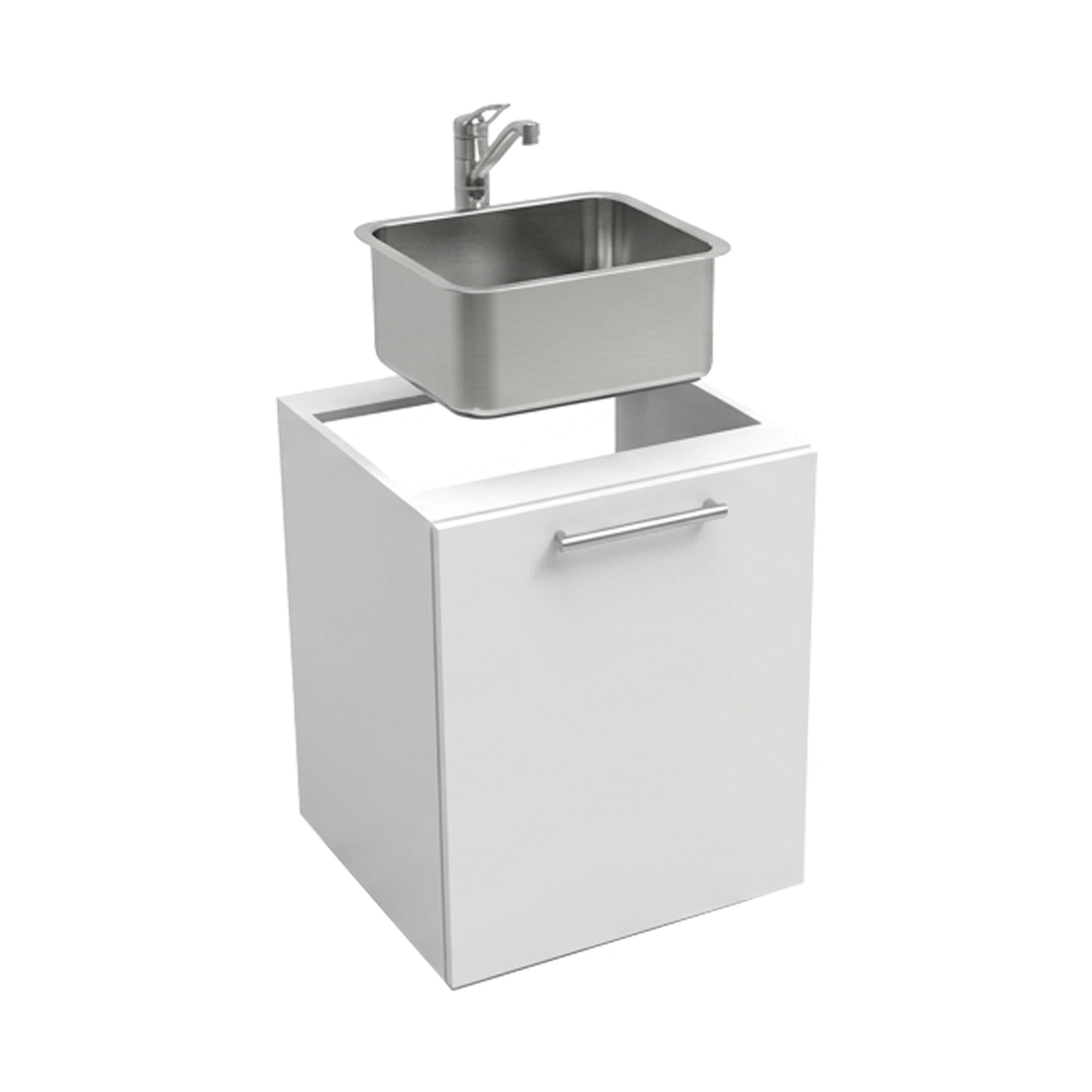 Lower kitchen cabinet, width 60 cm, equipped with a sink and mixer, available in white or walnut wood.