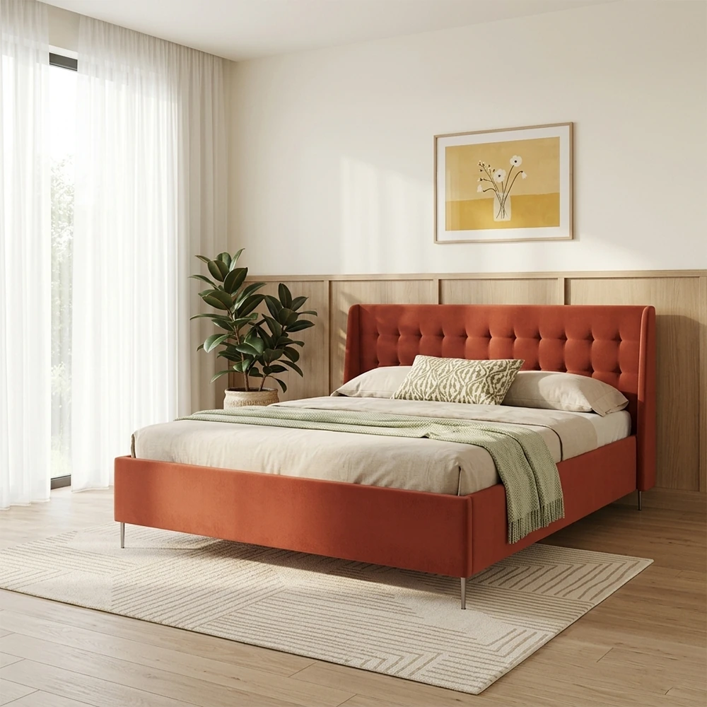 Alaya bed upholstered in wood and velvet - Red
