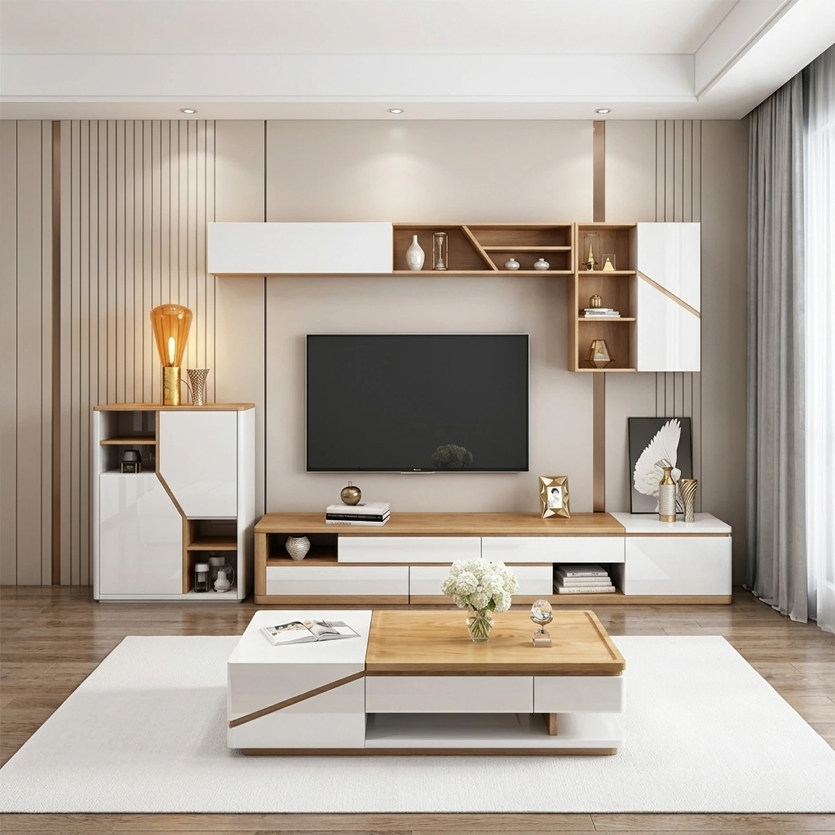 AXIS TV Unit in Beige and White wood color, dimensions – 200 x 45 x 40 - with coffee table and storage unit.