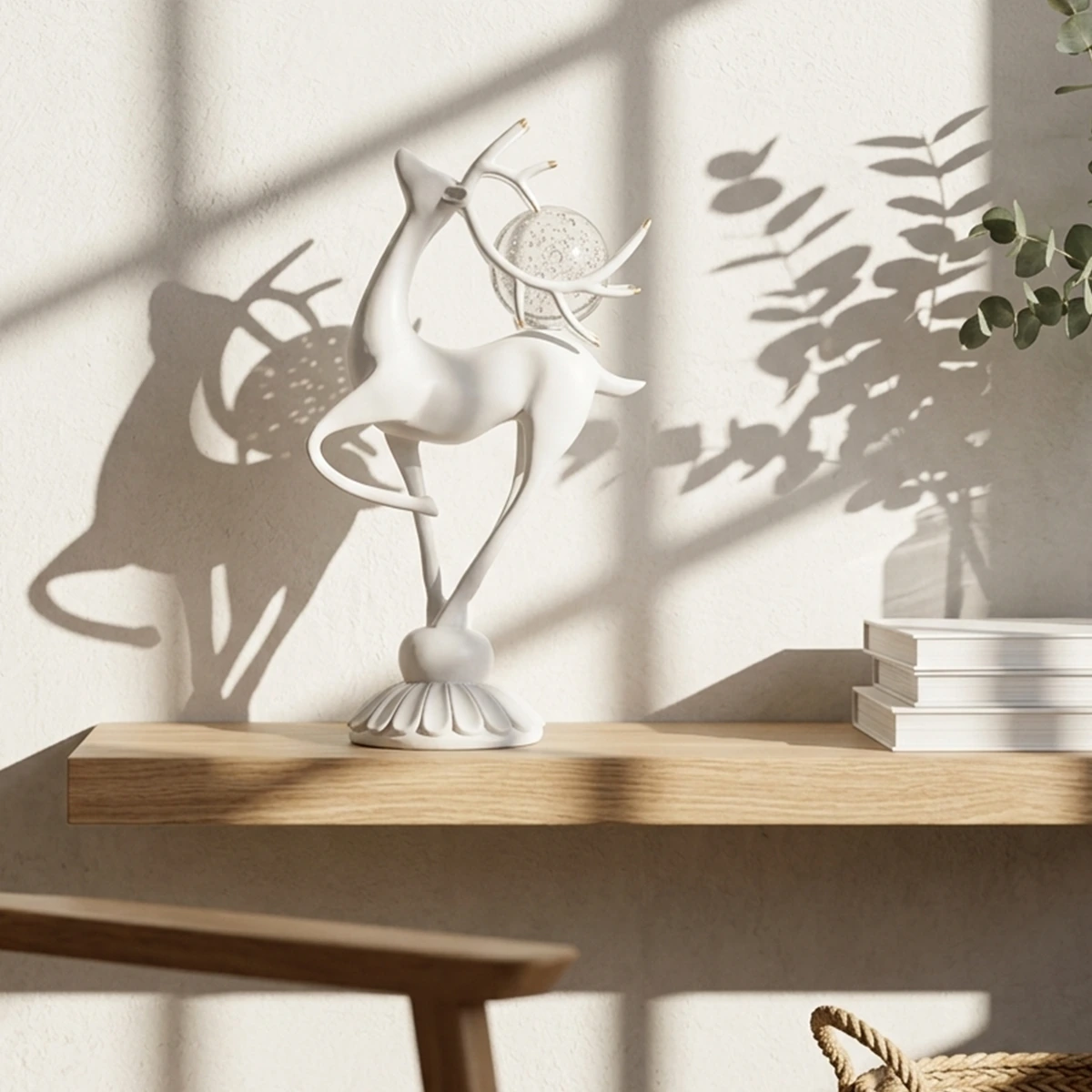 Modern White Deer Figurine with Glass Sphere - Elegant Resin Stag Statue with Antlers for Shelf Decor