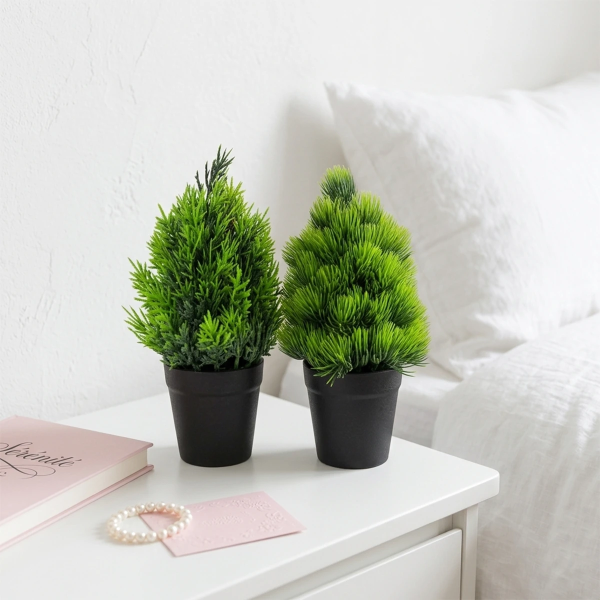 Set of 2 Mini Artificial Pine Trees in Black Pots - Realistic Faux Greenery Plants for Desk, Shelf, and Home Decor