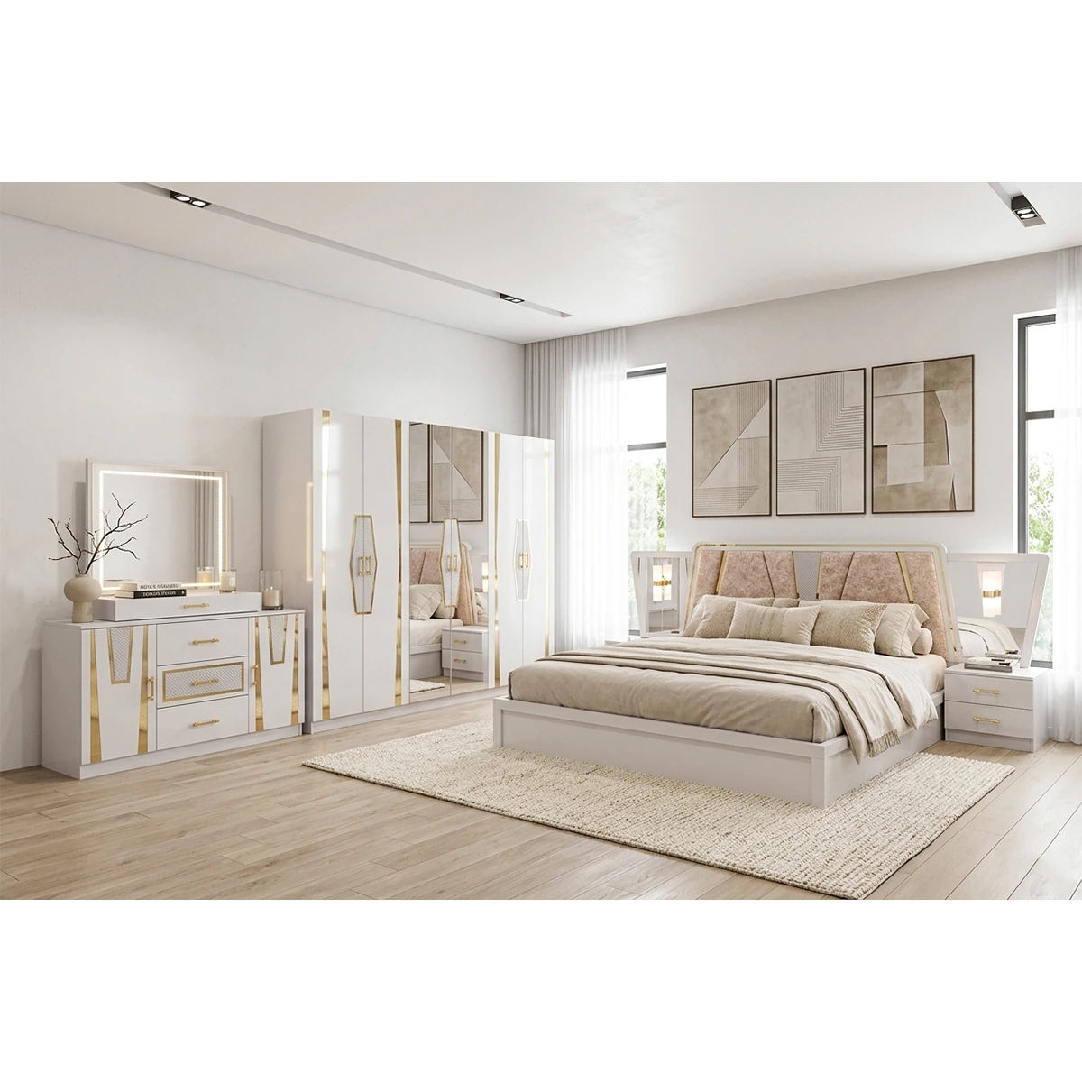 Modern Luxury 5-Piece King Bedroom Set in Cream and Gold with LED Lighting - Includes Wardrobe, Vanity Dresser, and Nightstands