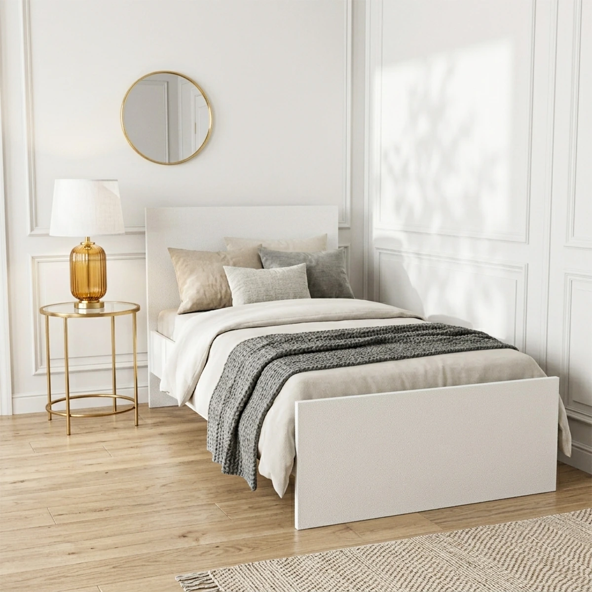 Modern White Bed 90cm Frame - Minimalist Melamine Wood Platform Bed.