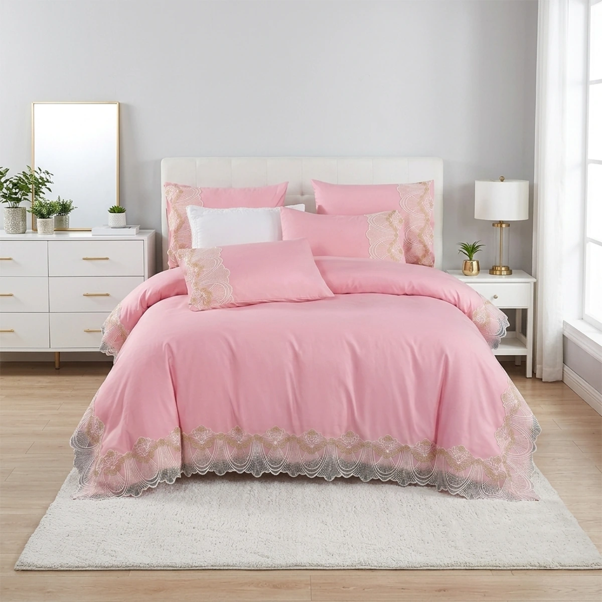 Turkey Fashion 6-Piece Pink Cotton Bedding Set with Elegant Lace Border - Quilt Cover, Fitted Sheet, and 4 Pillowcases.