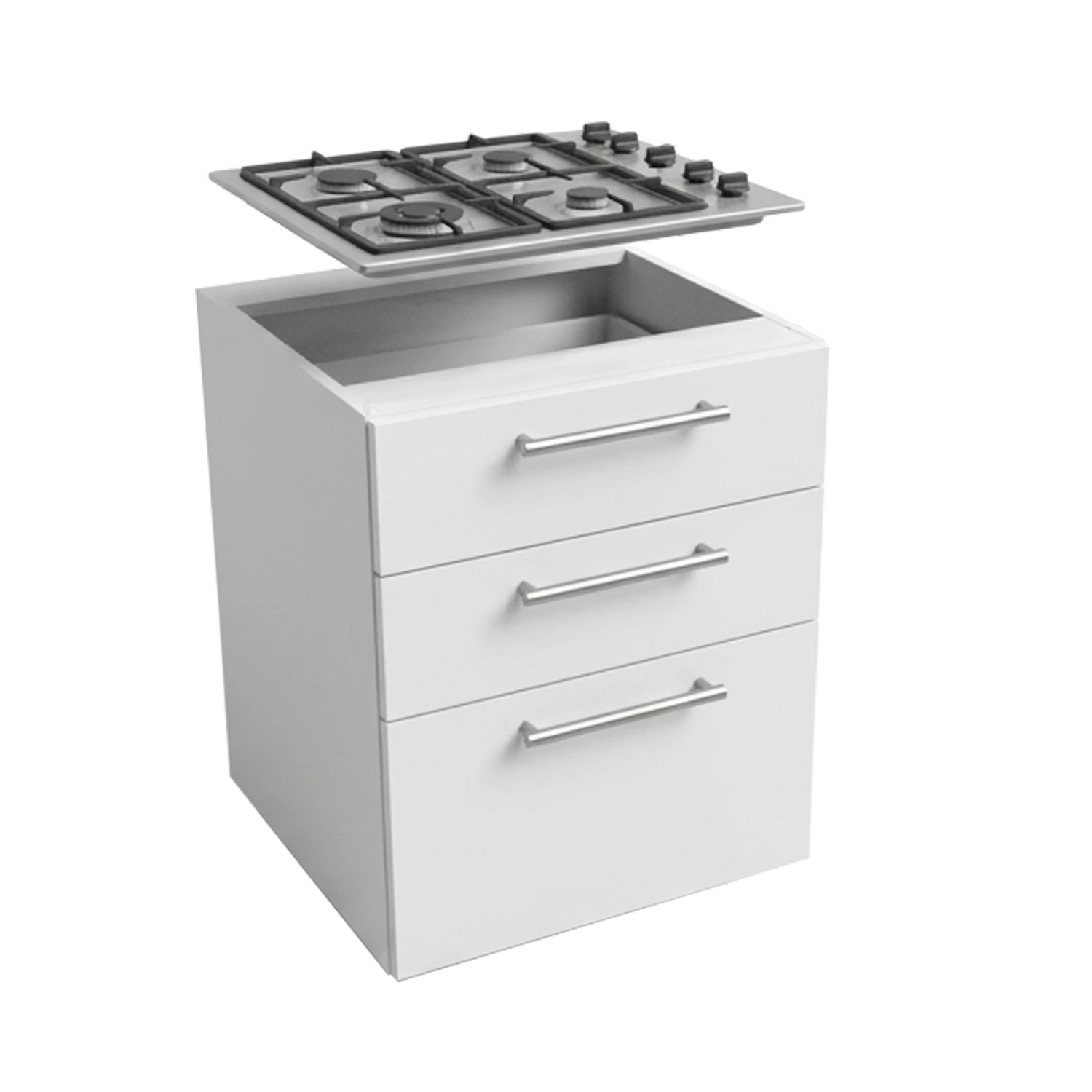 Lower kitchen cabinet, width 60 cm, equipped with three drawers and a cooktop, available in white or walnut wood.
