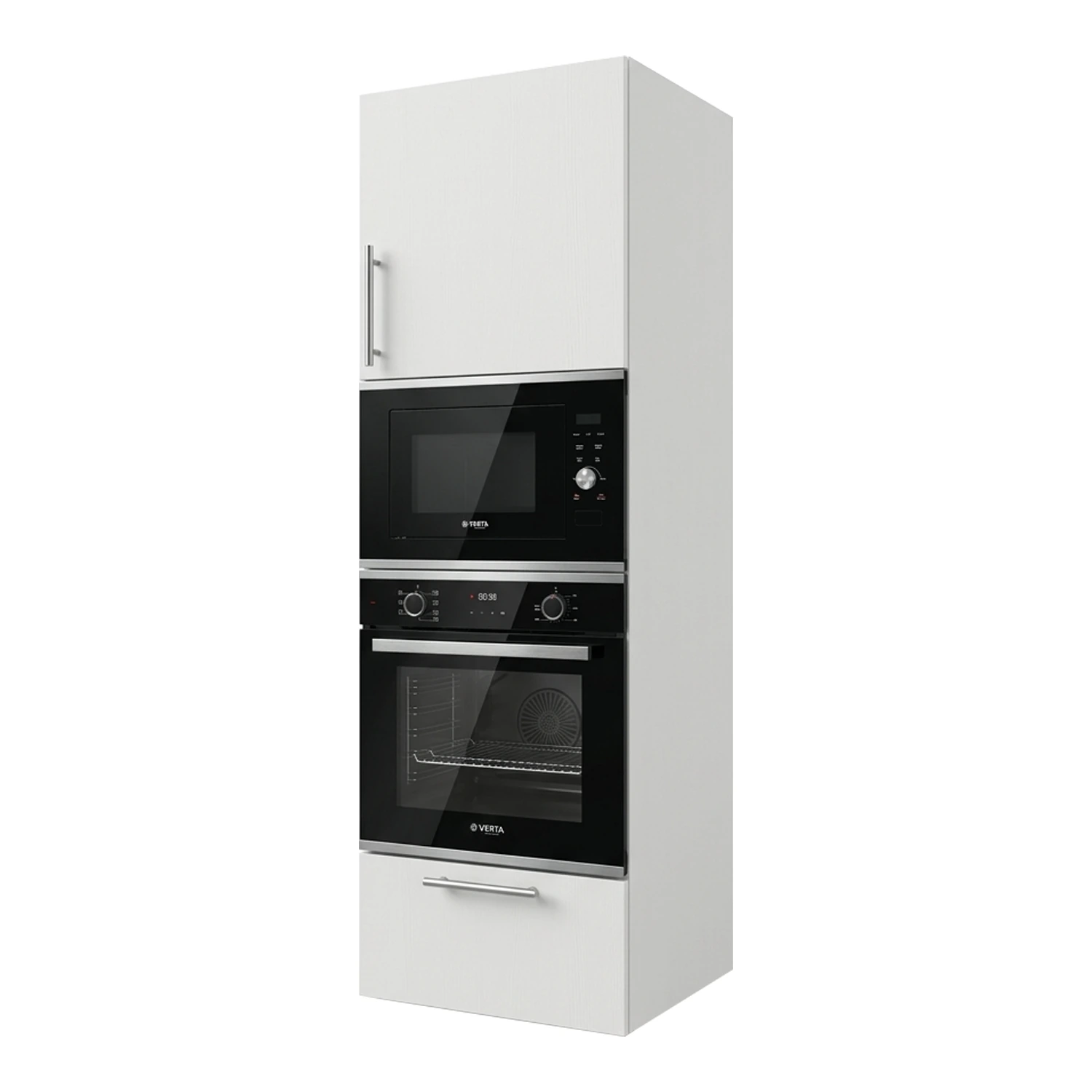 Kitchen cabinet with built-in appliance column, 60 cm wide, with built-in oven and microwave, available in white or walnut wood.