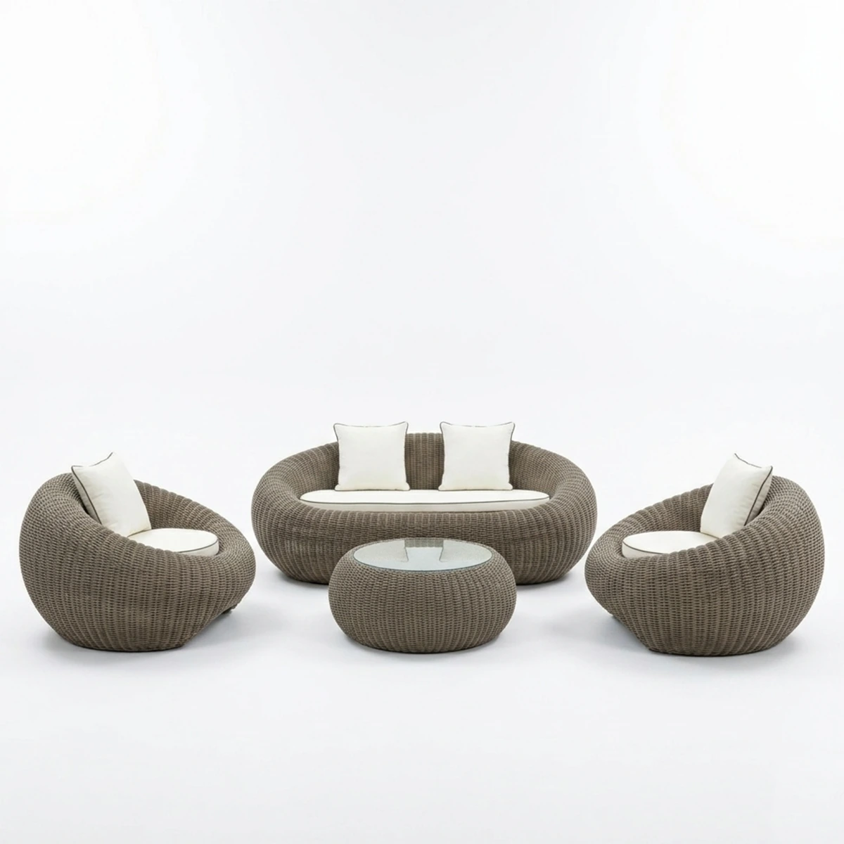 Rattan and jacquard outdoor sofa set - 4-Piece - Beige