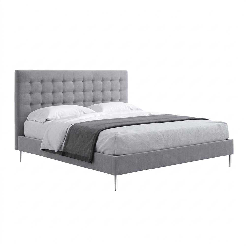 Capiton bed upholstered in wood and velvet - Grey