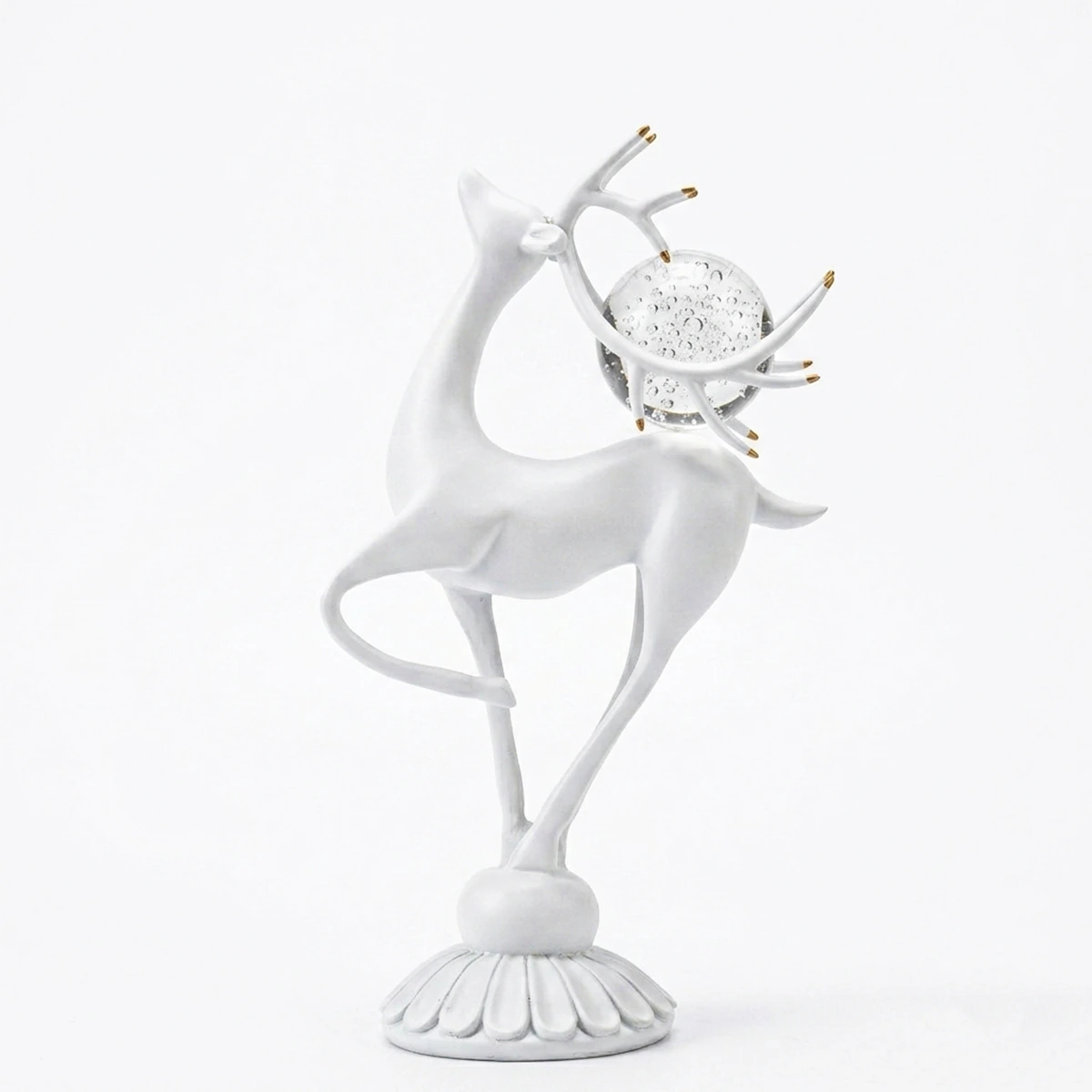 Modern White Deer Figurine with Glass Sphere - Elegant Resin Stag Statue with Antlers for Shelf Decor