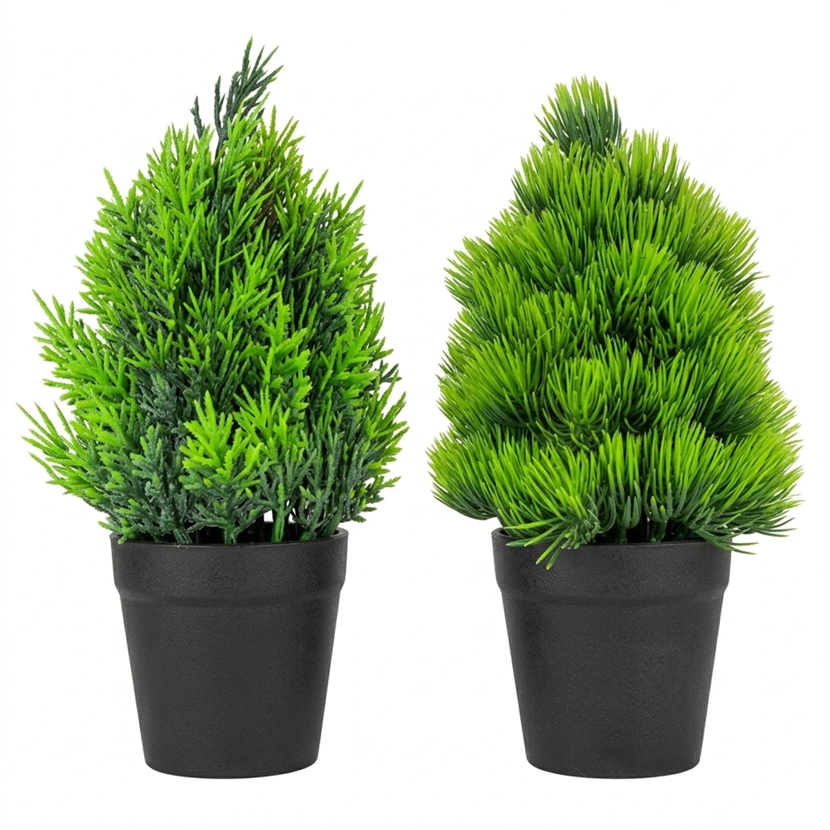 Set of 2 Mini Artificial Pine Trees in Black Pots - Realistic Faux Greenery Plants for Desk, Shelf, and Home Decor