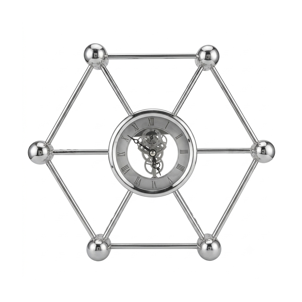 Modern Silver Hexagon Skeleton Clock with Roman Numerals - Geometric Metal Table Clock for Desk or Nightstand