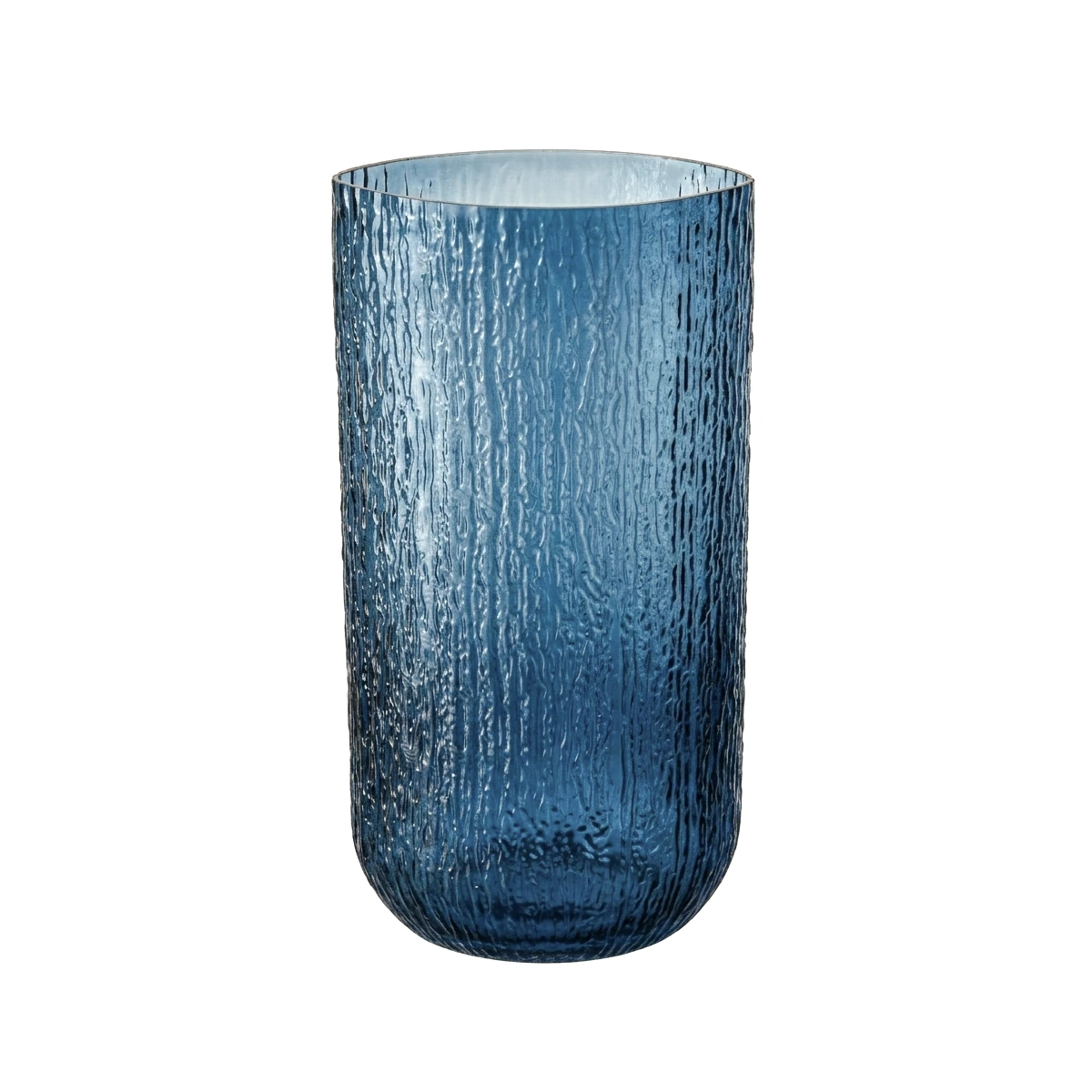 Tall Blue Textured Glass Cylinder Vase - Modern Decorative Centerpiece for Dried Branches and Flowers.