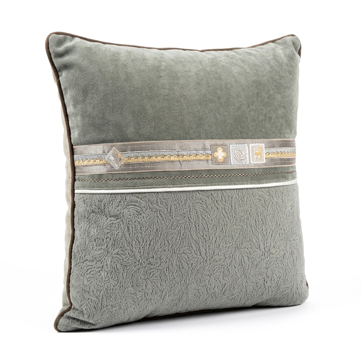 Sage Green Velvet Decorative Throw Pillow with Embroidered Geometric Band and Textured Detail.