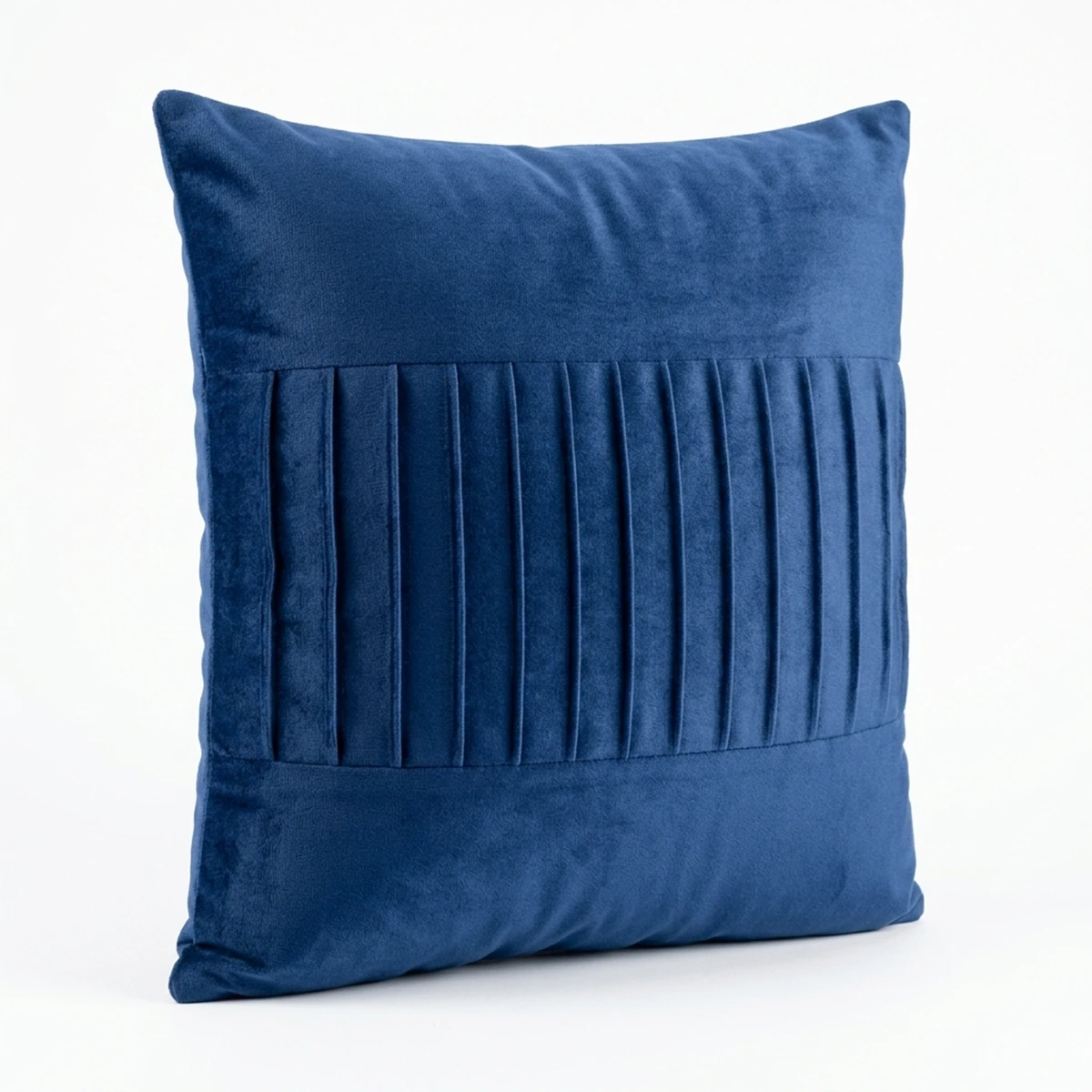 Navy Blue Velvet Throw Pillow Cover - Square Decorative Cushion Case with Vertical Pleated Detail for Sofa and Bedroom.