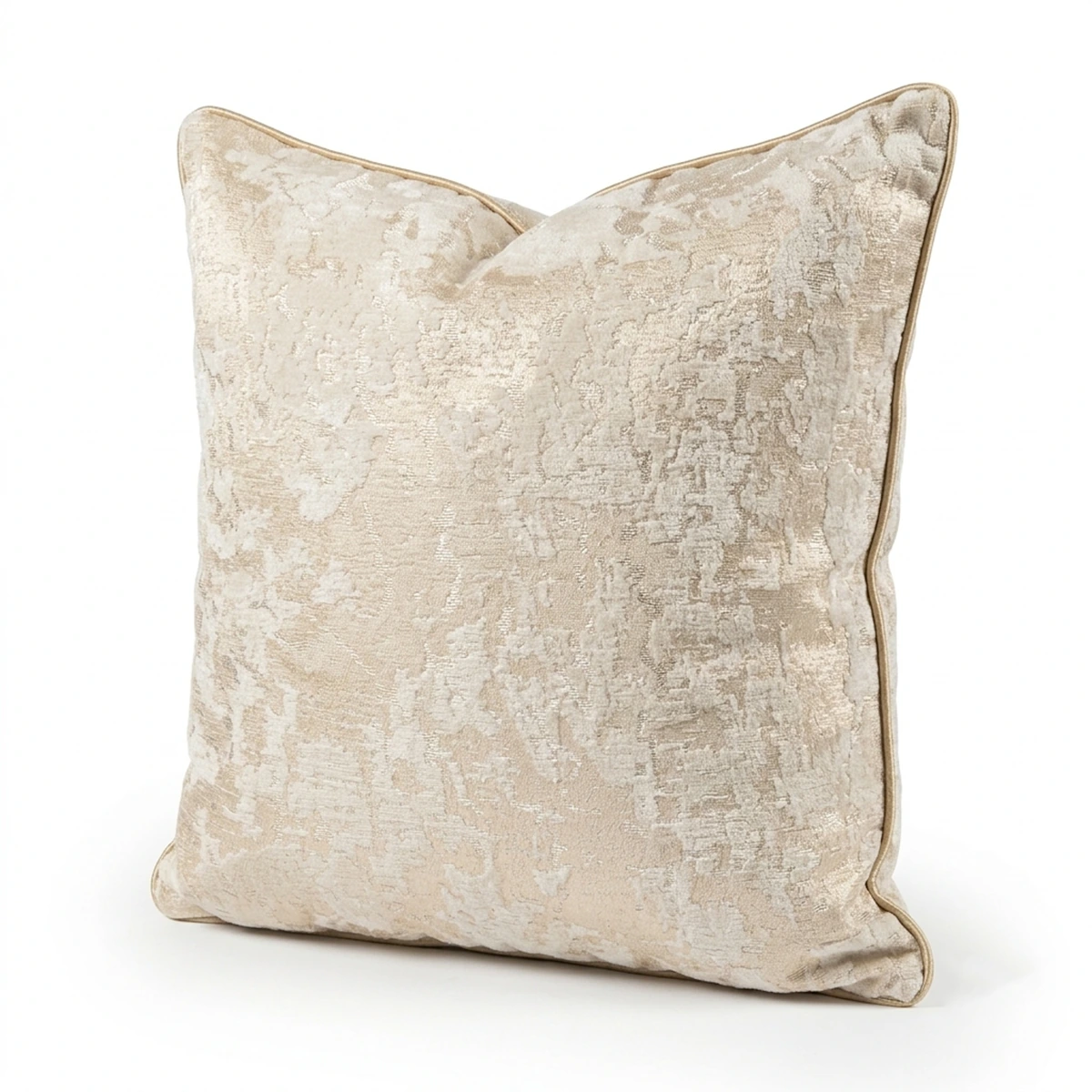 Champagne Crushed Velvet Throw Pillow Cover - Luxury Beige and Gold Decorative Square Cushion with Piping.
