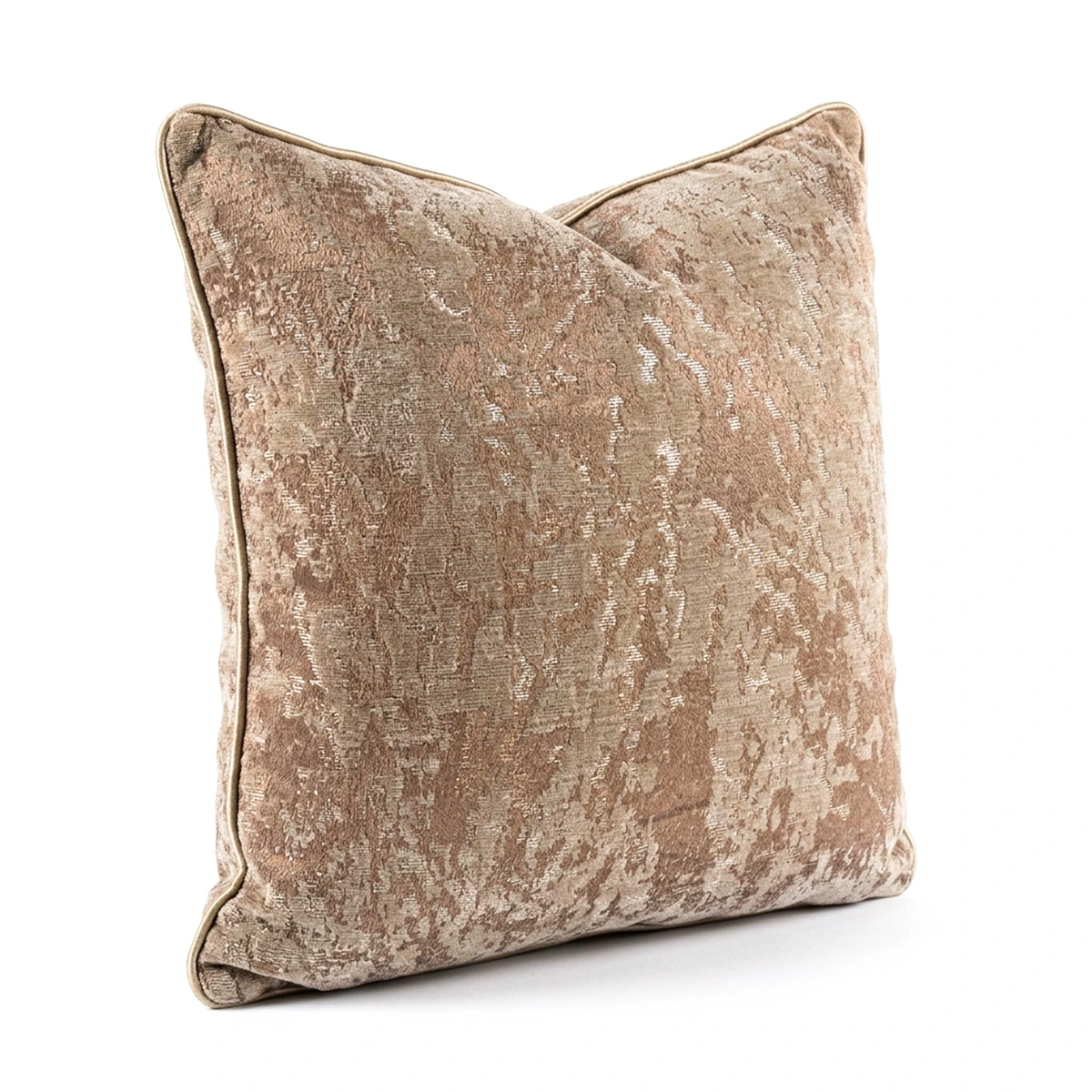 Luxury Beige and Gold Mottled Velvet Throw Pillow - Square Decorative Cushion with Piping.