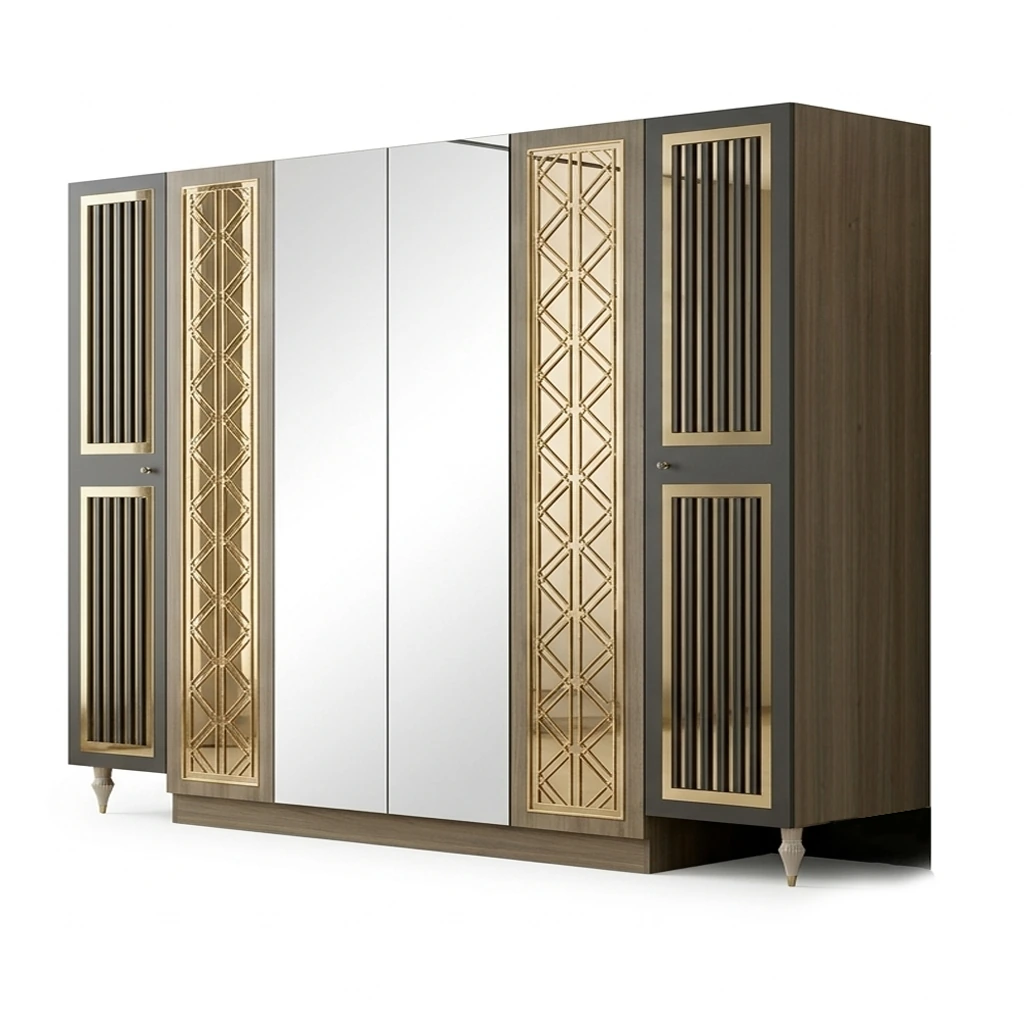 Modern Luxury 9-Piece King Bedroom Set in Gray and Gold - Includes Wardrobe, Vanity with Mirror, Storage Bench, and Commodes.