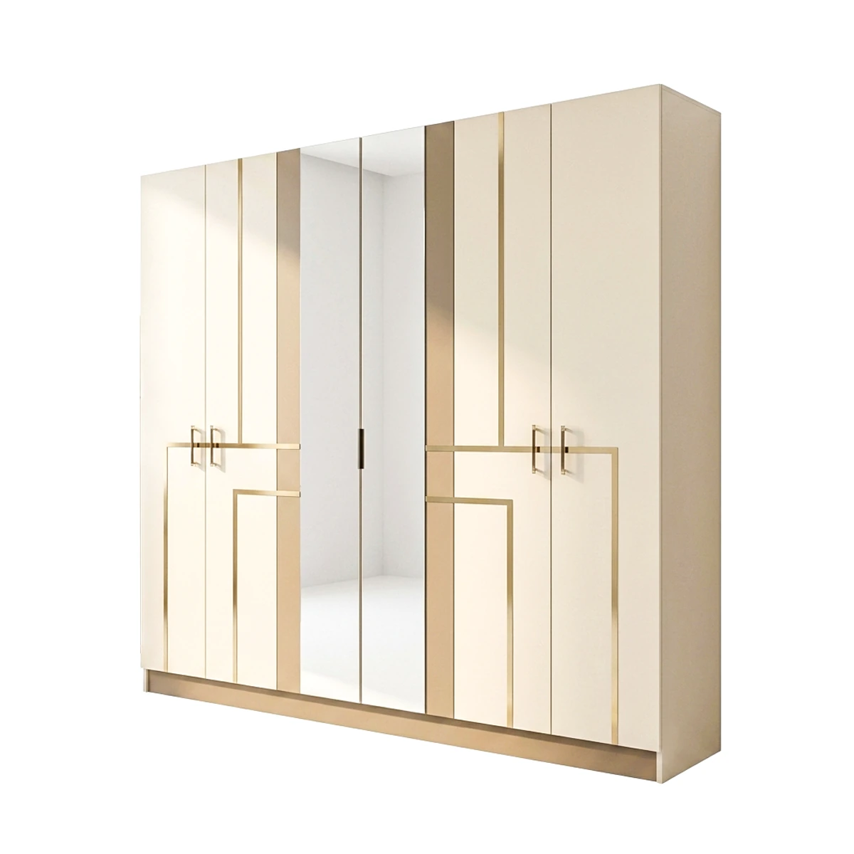 Modern 5-Piece King Bedroom Set in White and Beige with LED Headboard.