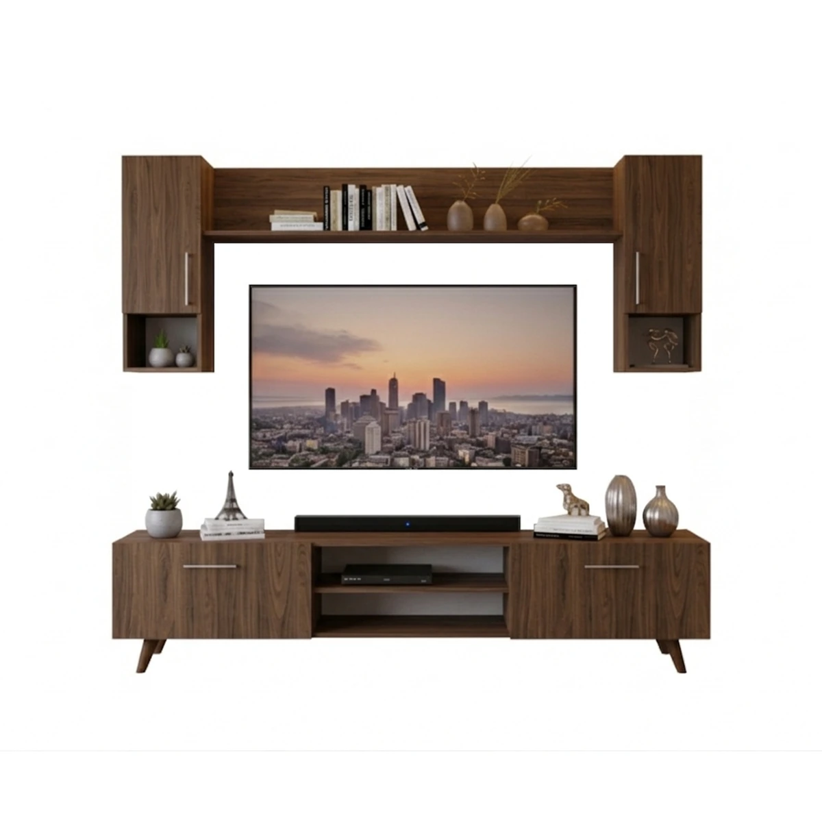 Modern Walnut Wood TV Stand and Wall Unit Set - 4-Piece Entertainment Center with Floating Shelves and Cabinets.