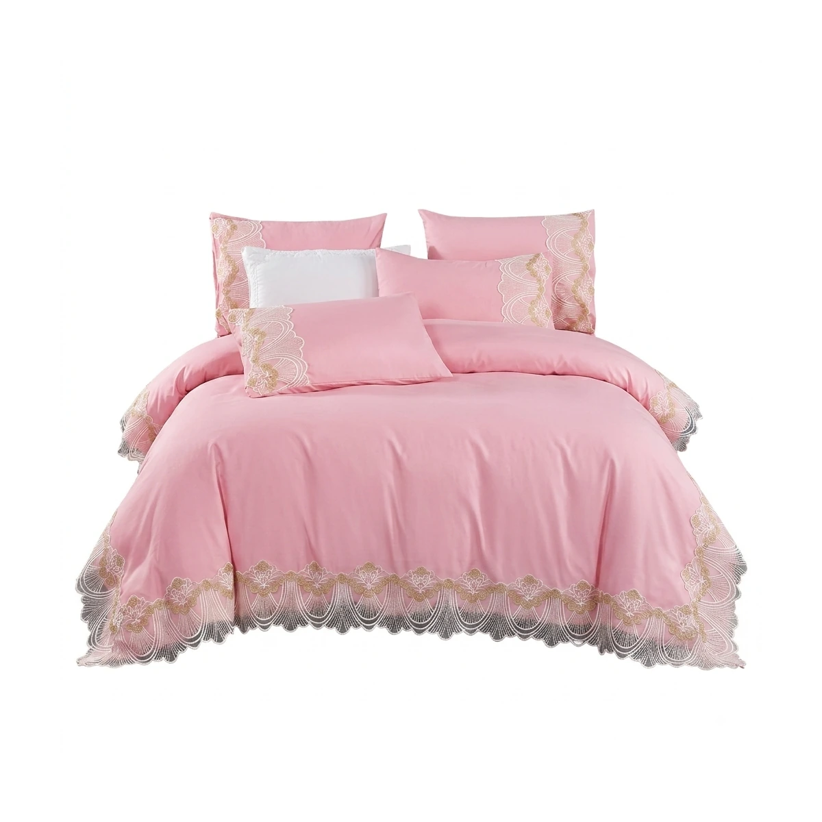 Turkey Fashion 6-Piece Pink Cotton Bedding Set with Elegant Lace Border - Quilt Cover, Fitted Sheet, and 4 Pillowcases.
