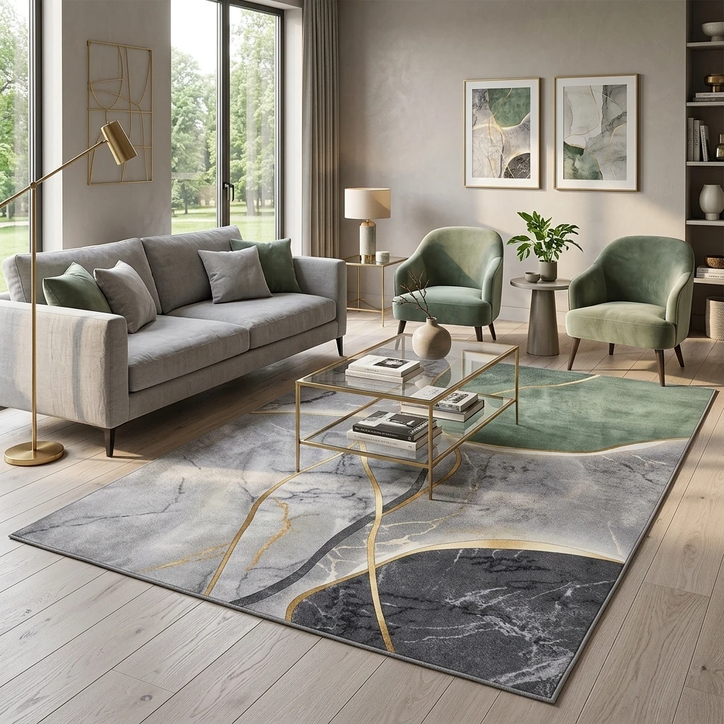 Living room rug 200 x 300 cm YH MAT-34, grey and green curves