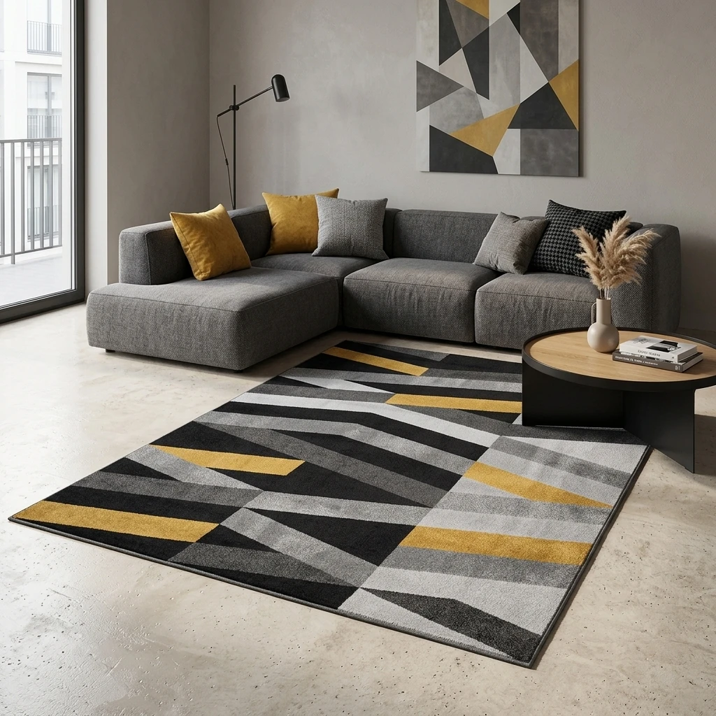 Living room rug 200 x 300 cm YH MAT-28, black, grey and yellow geometric