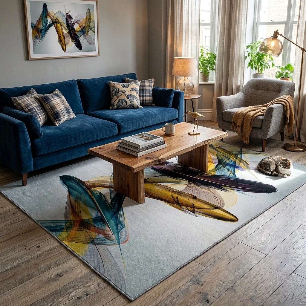 Living room rug 200 x 300 cm YH MAT-22, white with blue and gold wave