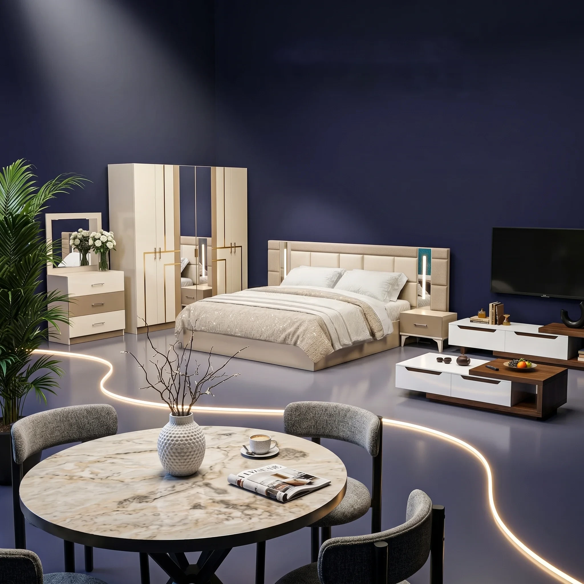 MOSSALI Home Pack: Bedroom Set with Mattress, TV Unit, Coffee Table and Dining Table