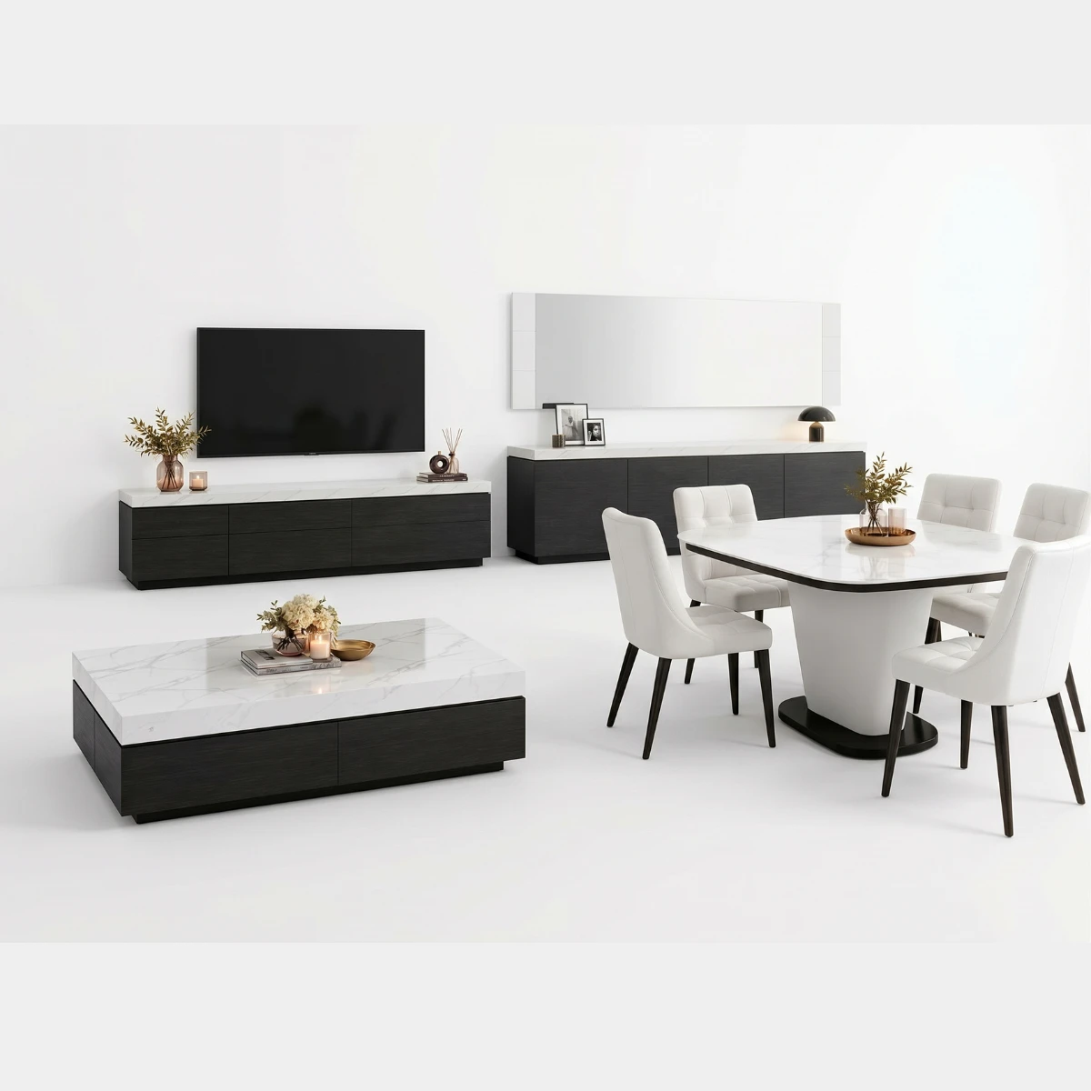 Black and White Dining and Living Room Collection, 6 Pieces