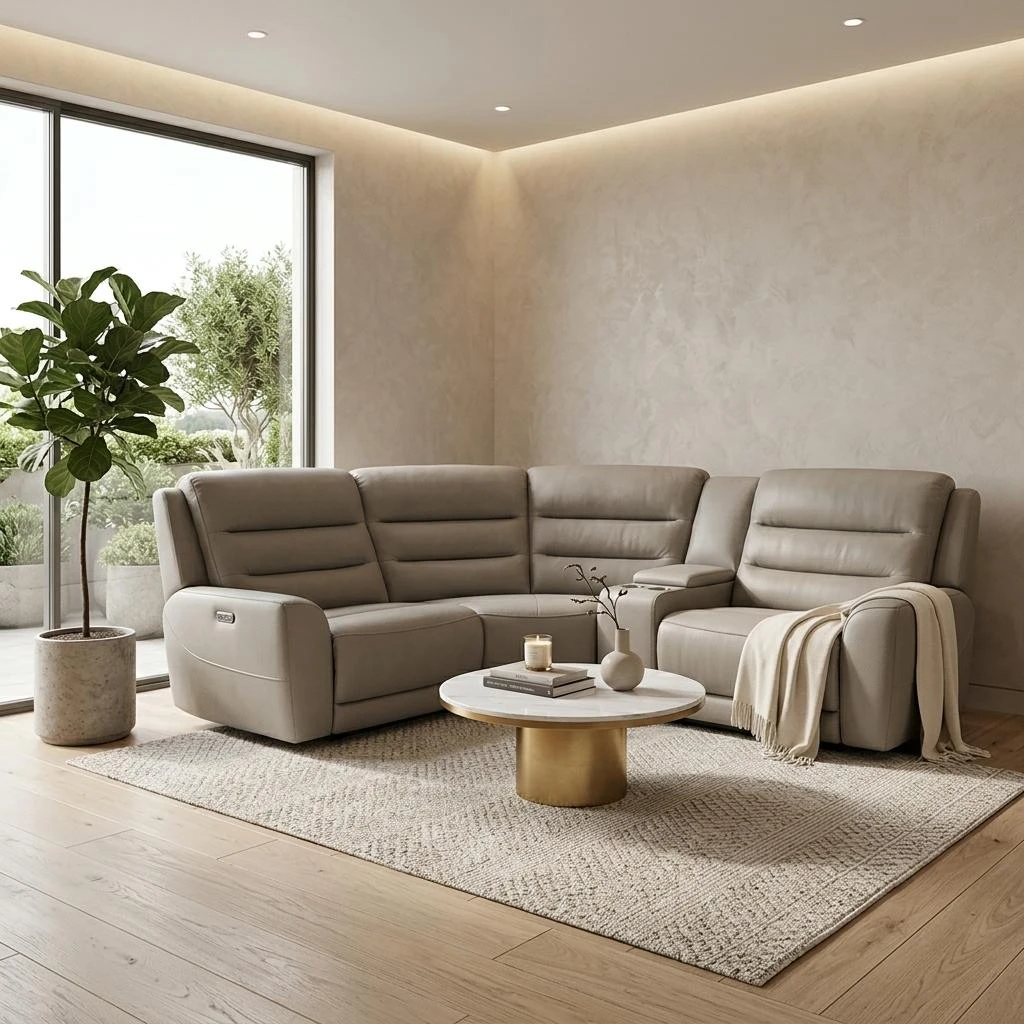 Canapé d'angle relax aspect cuir, gris