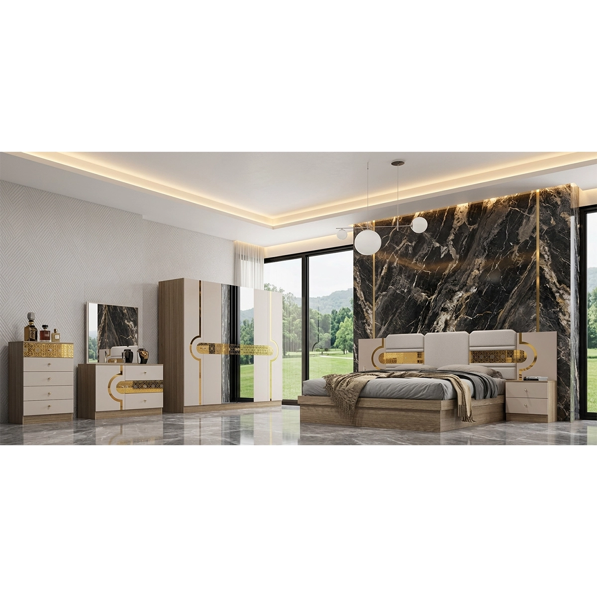 AURELIA 5-Piece Modern Bedroom Set – Cream and gold