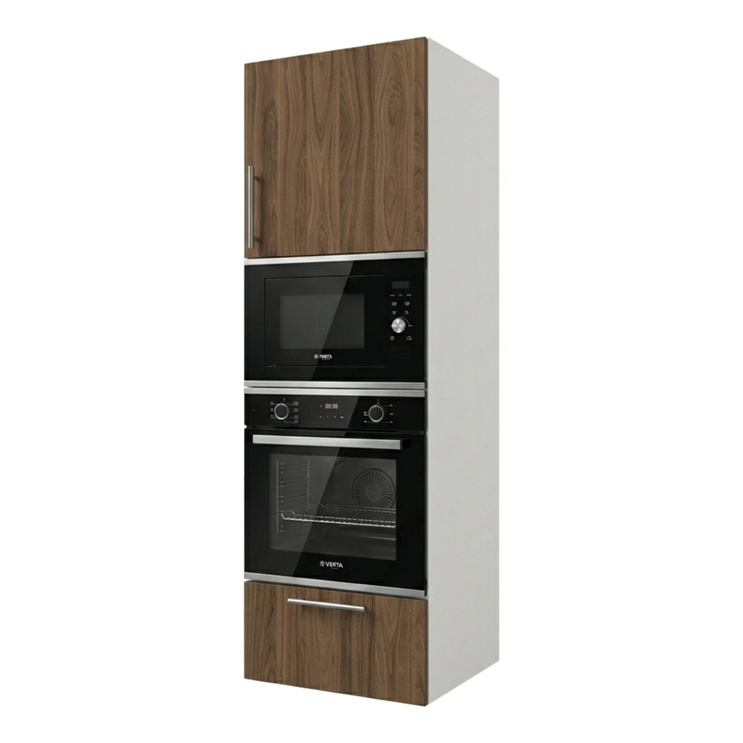 Kitchen cabinet with built-in appliance column, 60 cm wide, with built-in oven and microwave, available in white or walnut wood.