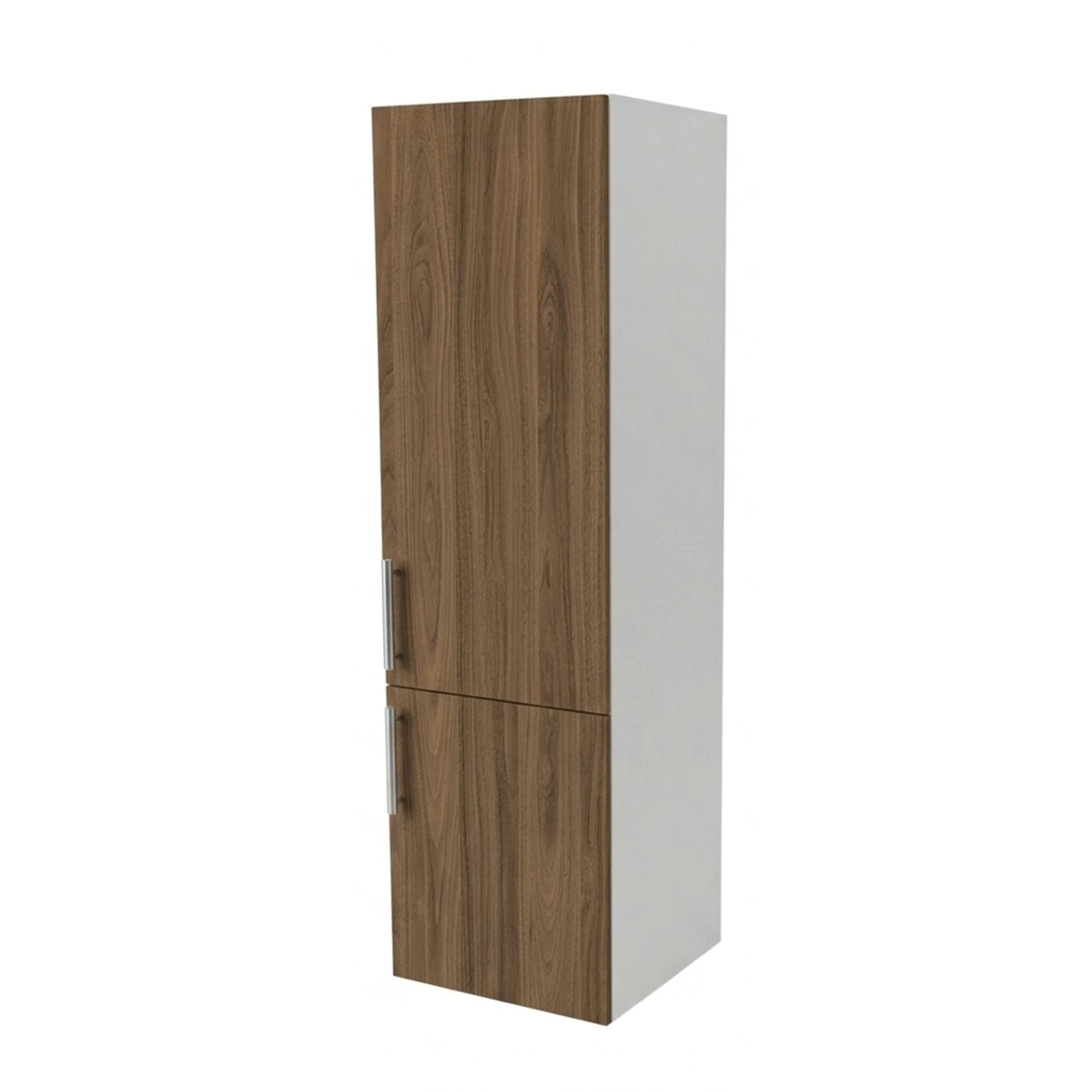 Kitchen cabinet with built-in appliance column, 60 cm wide, with built-in refrigerator, available in white or walnut wood.