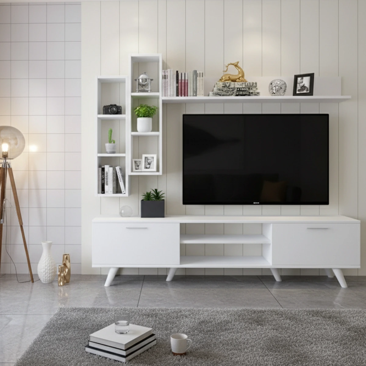 AURA TV Unit in White wood color, dimensions – 180 x 45 x 35