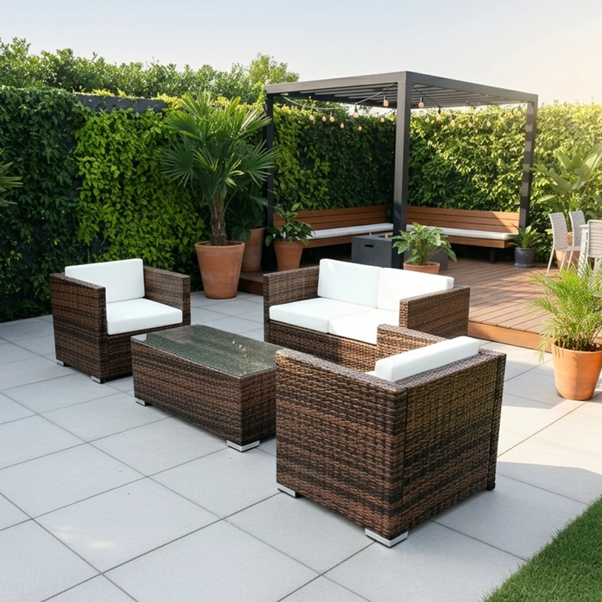 Rattan and jacquard outdoor sofa set - 4-Piece - brown and beige