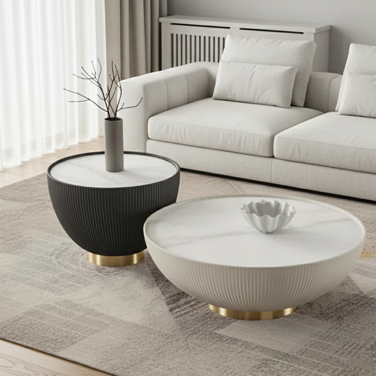 Round coffee table - of Rattan and marble - 2 pieces - Black and White