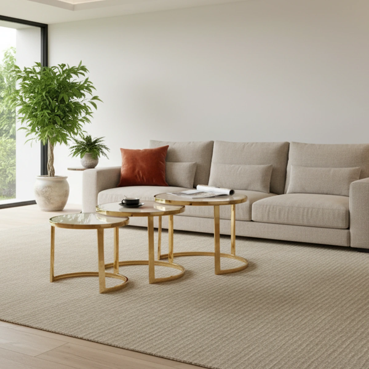 Round nesting tables 3-pieces curved legs - white and gold