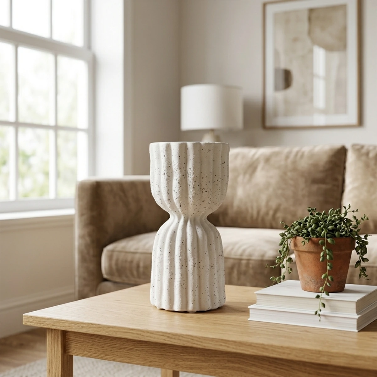 Modern Speckled Fluted Ceramic Vase - Cream Hourglass Shape Decorative Centerpiece for Living Room