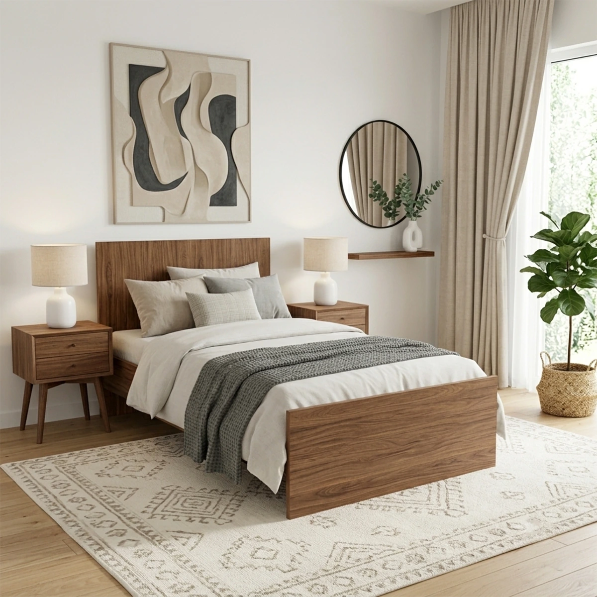 Cadre de Lit Moderne 140cm en Bois de Noyer - Lit Plateforme en Bois Mélaminé.